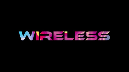Wireless text on black background. Multicolored glossy technological word written on black.の写真素材