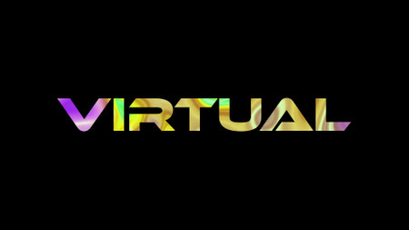 Virtual text on black background. Multicolored glossy technological word written on black.の写真素材