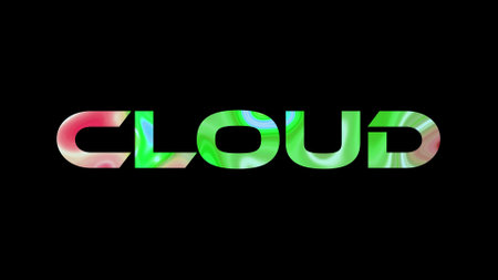 Cloud text on black background. Multicolored glossy technological word written on black.の写真素材