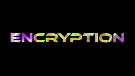 Encryption text on black background. Multicolored glossy technological word written on black.の写真素材