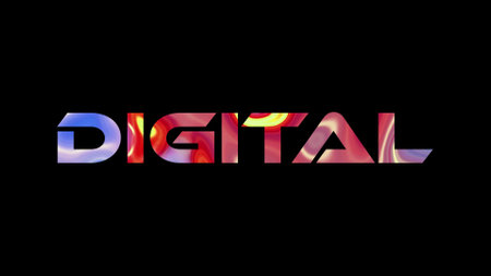 Digital text on black background. Multicolored glossy technological word written on black.の写真素材
