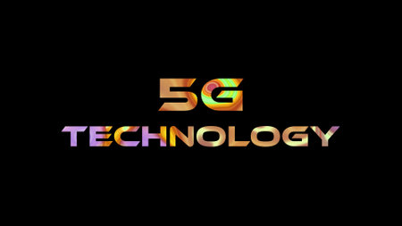 5G technology text on black background. Multicolored glossy technological word written on black.の写真素材