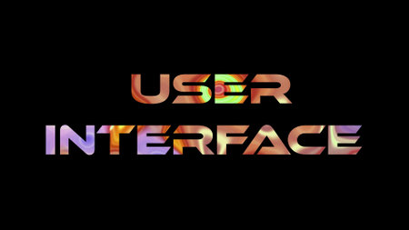 User Interface text on black background. Multicolored glossy technological word written on black.の写真素材