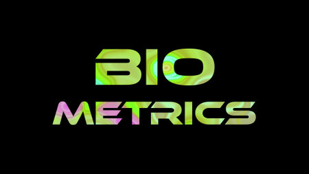 Biometrics text on black background. Multicolored glossy technological word written on black.の写真素材