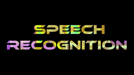 Speech Recognition text on black background. Multicolored glossy technological word written on black.の写真素材