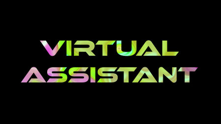 Virtual Assistant text on black background. Multicolored glossy technological word written on black.の写真素材