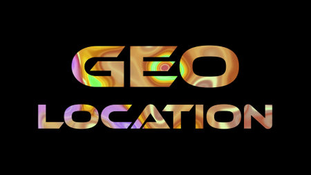 Geo location text on black background. Multicolored glossy technological word written on black.の写真素材