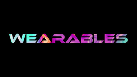 Wearable text on black background. Multicolored glossy technological word written on black.の写真素材