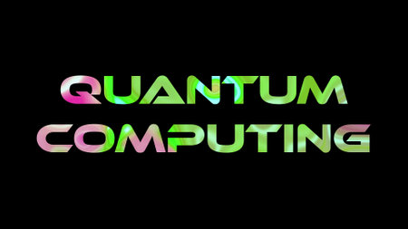 Quantum computing text on black background. Multicolored glossy technological word written on black.の写真素材