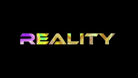 Reality text on black background. Multicolored glossy technological word written on black.の写真素材