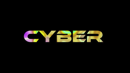 Cyber text on black background. Multicolored glossy technological word written on black.の写真素材
