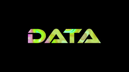 Data text on black background. Multicolored glossy technological word written on black.の写真素材