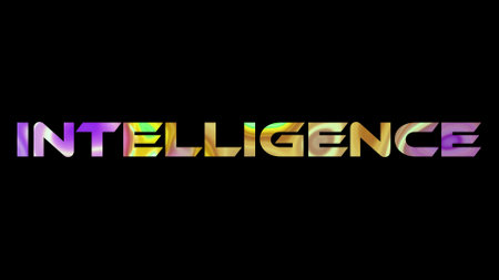 Intelligence text on black background. Multicolored glossy technological word written on black.の写真素材