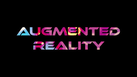 Augmented Reality text on black background. Multicolored glossy technological word written on black.の写真素材