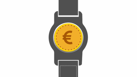 Animated currency coin on hand clock face. Coins and Dollar cent Sign isolated on white background. Flat design style. Business concept.の写真素材
