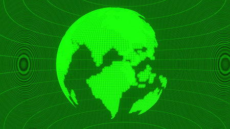 Abstract glow green color dots particles joint earth planet , world map on wave line background.の写真素材