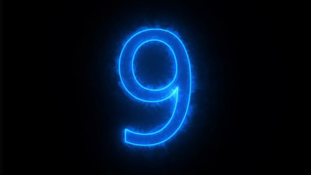 Cyan color glossy glowing Alphabet Letter of 9. black color illustration background.