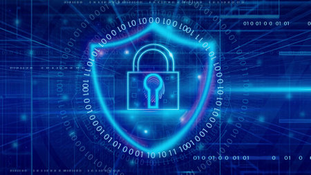 Technology background abstract cyber security system pad lock with finger print icon.
