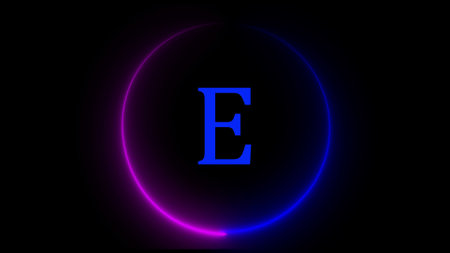 A neon sign alphabet glowing with blue and pink light and black background.