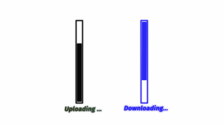 Black and blue color upright, orthographic, uploading and downloading bar on white background.の写真素材
