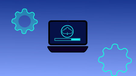 Black line smart laptop with download cloud icon Report text file on cyan background.
