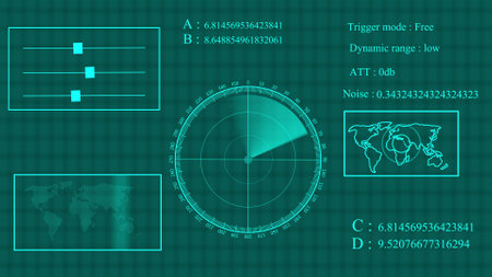 Digital technology world map, different information showing radar screen display illustration background.の写真素材