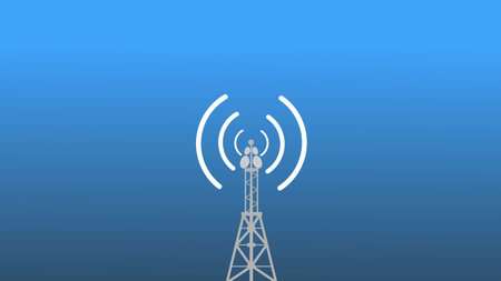 Digital technology abstract connecting tower with antennas radio wave illustration background.
