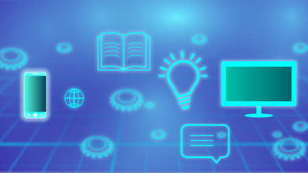 Abstract cyan color different objects background. glowing bulb, messes, book, monitor, setting.