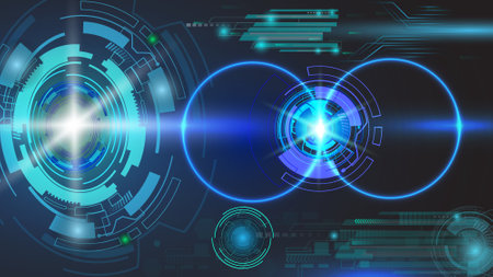 Abstract digital technology colorful glowing hud element on black background.の写真素材