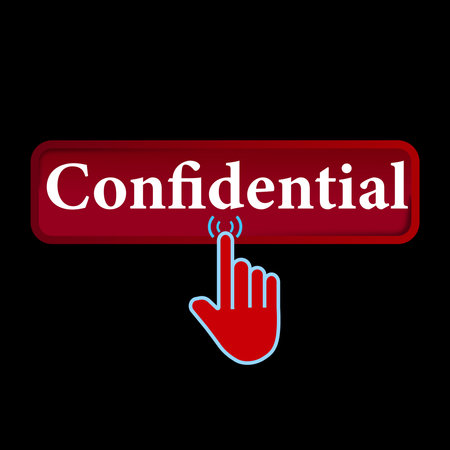 Click Rectangle Confidential button design, Finger pressing button symbol isolated on black...