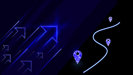Neon abstract location icon , glowing blue and purple color illustration background