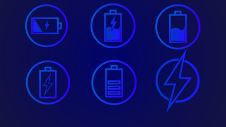 Logotype electric power charging battery symbol on blue color illustration background.