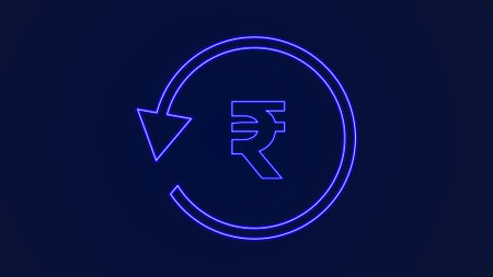 Rupee icon with round arrow. cyan and blue color Rupee icon on dark background.の写真素材