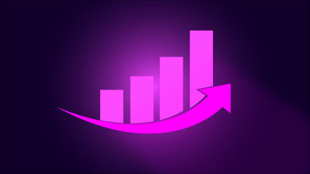 Glow pink color business graph and success arrow on purple color neon background.の写真素材
