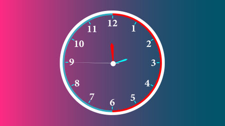 Colorful round clock beautiful design isolated on red and cyan color illustration background.