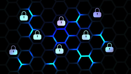 Hexagonal black color honeycomb background.with blue, red and green color light illustration...