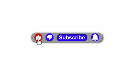 Digital subscribe button with notification bell and like icons on a white abstract background.の写真素材