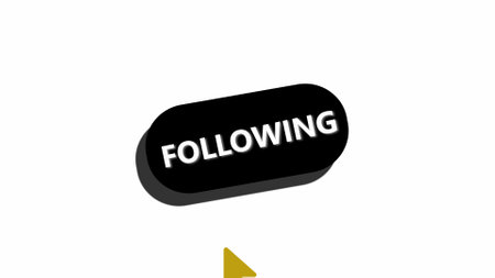 Black follow button with a yellow cursor arrow pointing at it on a white abstract background.の写真素材