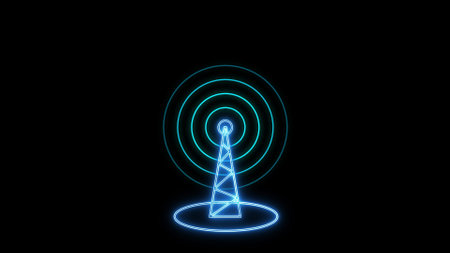 Glowing tower icon on a black abstract background.