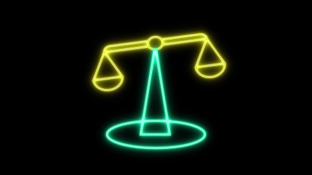 Glowing scale icon on a black abstract background.