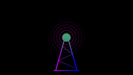 Glowing radio tower icon on a black color abstract background.の写真素材