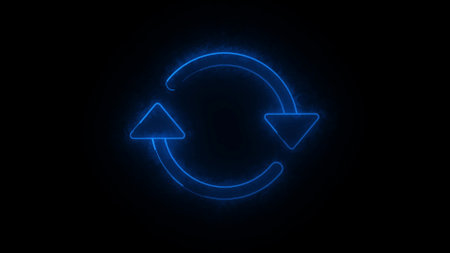 Neon flat set icon of colorful different arrows icon on a black abstract background.の写真素材