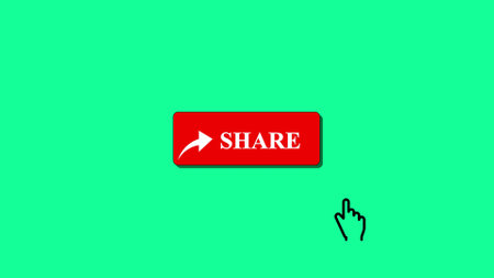 Red share button on a bright green background. Design concept for social media and digital...
