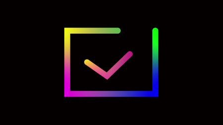 Colorful neon light tick mark icon black abstract background.の写真素材