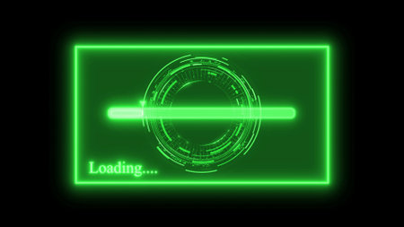 Green color neon light loading bar icon on a green abstract background.