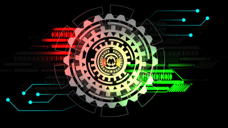 Digital technology connected HUD elements green, red color technology background.の写真素材