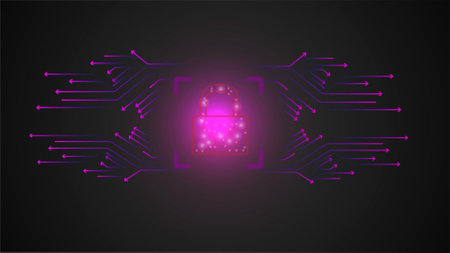 Hi-tech digital circuit board with padlock security system illustration background.