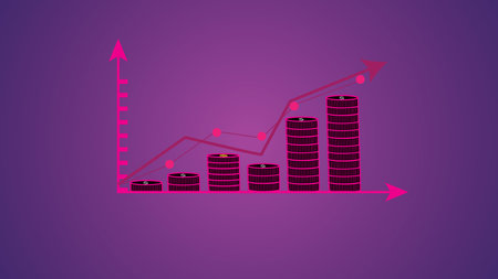 Glowing red color business graph up and down cycle and success arrow on colorful background.の写真素材