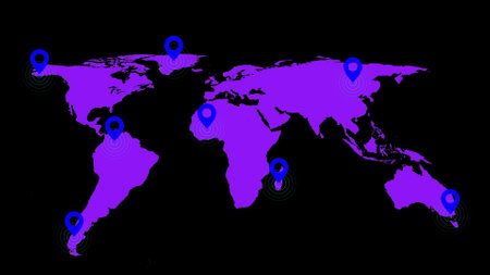 World map with blue location markers indicating global hotspots or points of interest on a dark...