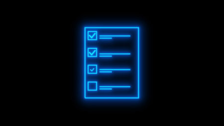 Neon blue checklist icon on a dark background.の写真素材
